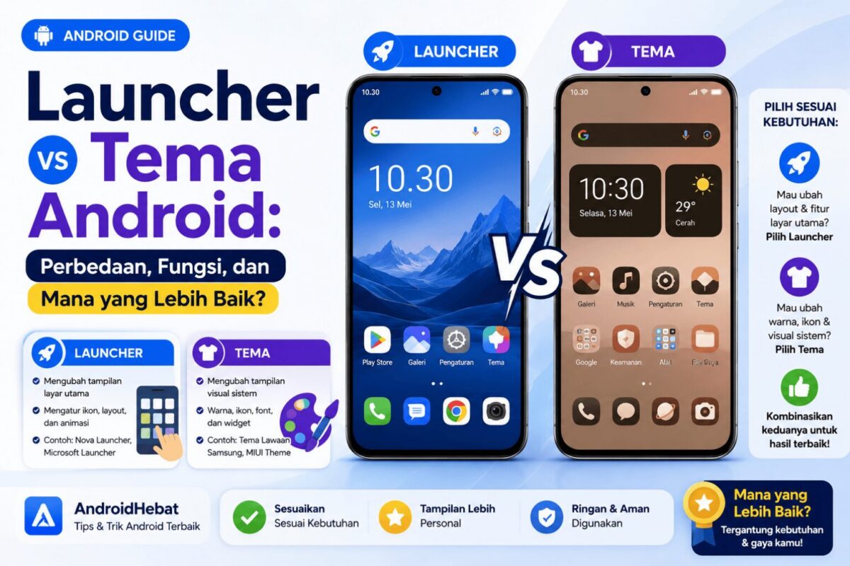 beda tema dan launcher