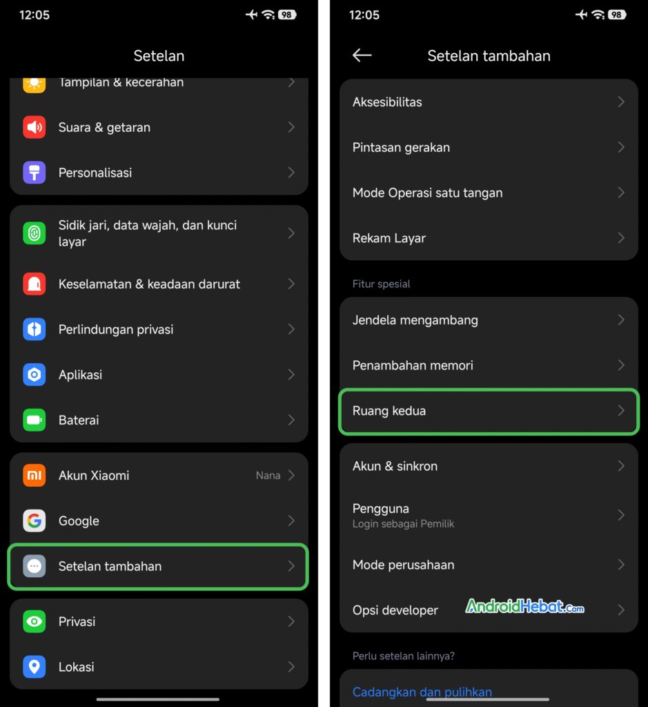 cara aktifkan ruang kedua xiaomi