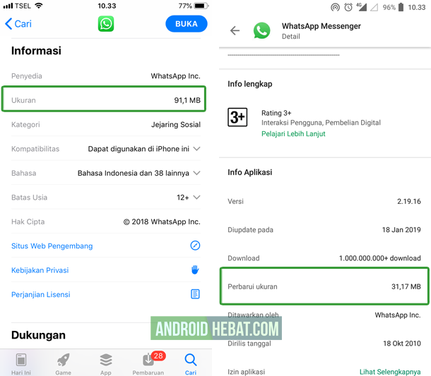 kenapa ukuran aplikasi di ios lebih besar dibandingkan android